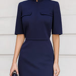 Refined Navy Mandarin Collar Sheath Midi Dress