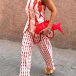 Good Luck Linen Blend Koi Pattern High Rise Elastic Waist Loose Pants