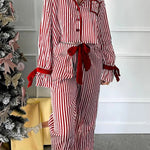Striped Printed Color-blocked Trim Long-sleeved Loose Top and Elastic Waist Belt Wide-leg Pants Set