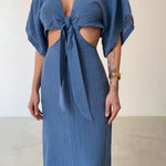Lace-up Exposed Waist Cotton and Linen Dress