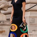 A-Line High Waisted Contrast Color Hollow V-Neck Maxi Dresses