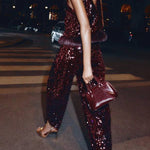 Gala Goddess Sequin High Rise Zipper Waist Wide Leg Pants