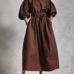 Women's Elegant Brown Cotton And Linen Blend Round Neck Short-sleeved Loose-fitting Maxi Dress
