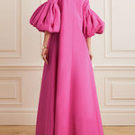 Loose Flower Shape Solid Color Stand Collar Lantern Sleeves Maxi Dresses