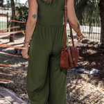 Moss Green Sleeveless V Neck Ruched Wide Leg Jumpsuit