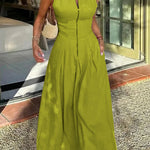 A-Line Loose Pleated Pockets Split-Joint Zipper Round-Neck Maxi Dresses
