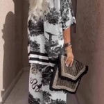 Casual V-neck printed short-sleeved top and wide-leg pants set