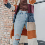 Multicolor Knitted Color Block Open Front Long Cardigan