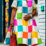 A-Line Loose Contrast Color Plaid Pleated Deep V-Neck Midi Dresses Shirt Dress