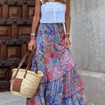 Audrina Bohemian Print Elastic Waist Tassel Maxi Skirt