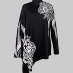 Batwing Sleeves Loose Asymmetric Floral Printed Split-Joint High Neck T-Shirts