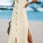 Cotton And Linen Sleeveless Solid Loose V-neck Maxi Dress