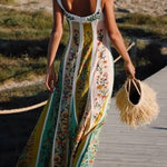 Sweet Garden Linen Blend Color Block Floral Paneled Maxi Dress