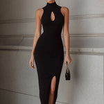 Sleek Black Halter Keyhole Midi Bodycon Dress