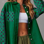 Fashionable casual loose plaid contrasting raw edge denim jacket