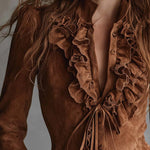 Vintage Caramel Eco-Suede Ruffle Blouse With Lace Trim