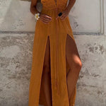 Linen Blend Elastic Waist Halter Backless Pocket Slit Midi Dress