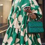 Half Sleeves Loose Flower Print High Neck Midi Dresses