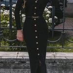 V-neck single-breasted slim-fit knit slit dress