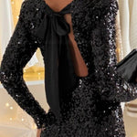 Sequined backless bodycon dress with tie-up straps.