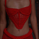 Sumui Hollow Crochet Knit Braid Detail V-shaped Hem Crop Vacation Tank