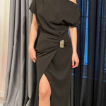 Raglan Sleeve Asymmetric Pleated Split-Front Split-Joint One-Shoulder Evening Dresses Maxi Dresses