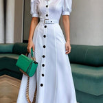 Puff Sleeves Short Sleeves Belted Buttoned Solid Color Lapel Maxi Dresses Shirt Dress