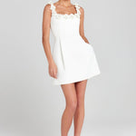 Cindy Faux Pearl Flower Applique Square Neck Pocketed Mini Dress
