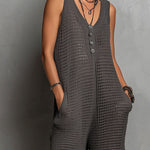 Retro Relaxed Charcoal Textured Knit Sleeveless Button-Front Jumpsuit