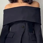 Long Sleeves Solid Color Split-Front Split-Joint Off-The-Shoulder Blazer