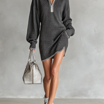 Women's Fashion Loose Knit White Trim Zipper Polo Neck Mini Dress