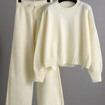 Urban Loose Long Sleeves Solid Color Round-Neck High-Low Sweater Tops & Wide Leg Pants Suits