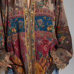 Bohemian-style Printed Blouse With A Front Zipper And Lace Trim