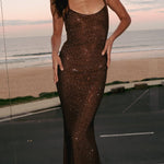 Midnight Fantasy Sequin Mesh Shoulder Strap Open Back Stretch Maxi Dress