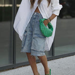 Loose Wide Leg Buttoned Fringed Pockets Split-Joint Cropped Trousers Jean Pants Bottoms