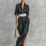 Women's Imitation Cupro Fabric Lapel Single-breasted Long-sleeved Waist Maxi Dress