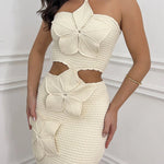Halena Crochet Knit Oversized Flower Cutout Halter Stretch Mini Dress