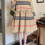A-Line High Waisted Contrast Color Pleated Striped Zipper Mock Neck Midi Dresses