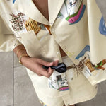 Kea Linen Blend Unique Print Short Sleeve Shirt and High Rise Wrap Panel Miniskirt Set