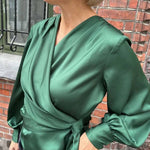 Satin Solid Color V-neck Tie Up Long Sleeve Loose Shirt