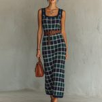 Women's Minimalist Checkered Knit Square-neck Sleeveless Maxi Dress With Belt