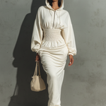 Women's Minimalist Waist Shirring Hooded Sweatshirt Maxi Dress