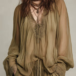 Bohemian Style Chiffon Blouse & Shorts Set With Lace Trim