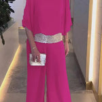 Stylish Sequin Patchwork Dolman Sleeve Top and Elastic Waist Wide Leg Pants Set