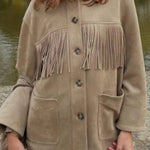 Retro-style coat with lapel and fringed suede