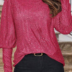 Solid Color Sequined Round Neck Long Sleeve Loose Top