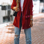 One button solid color mid-length blazer with suit collar