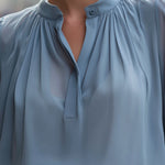 Dusty Blue Pleated Mandarin-Collar Chiffon Blouse