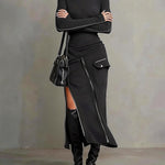 Bodycon Irregularity Asymmetric Pockets Solid Color Split-Joint Split-Side Zipper Half Turtleneck Midi Dresses