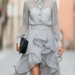 Striped Button-Front Ruffled High-Low Shirt Dress